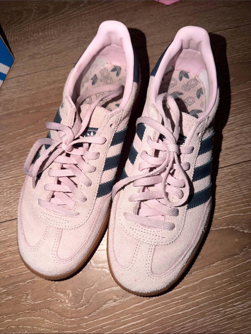 adidas Women’s Light Pink Suede Sneakers with Dark Navy Stripes